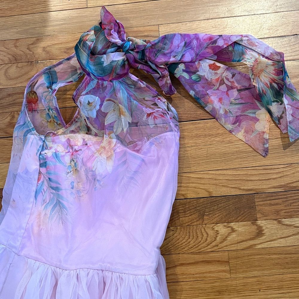 New Amthropologie BHLDN Kendall High-Neck Scarf Floral Organza Maxi Dress Sz Xs - Picture 4 of 8